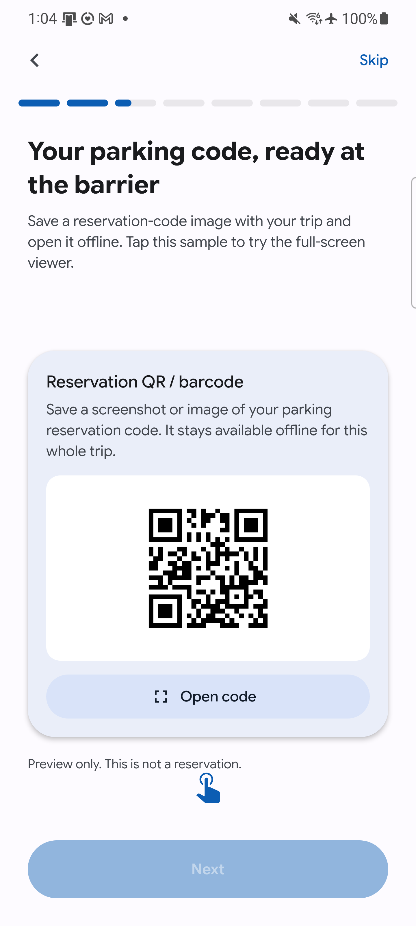 The Cumulus tour showing Aviate's parking reservation-code card, a sample QR code, and the Open code button