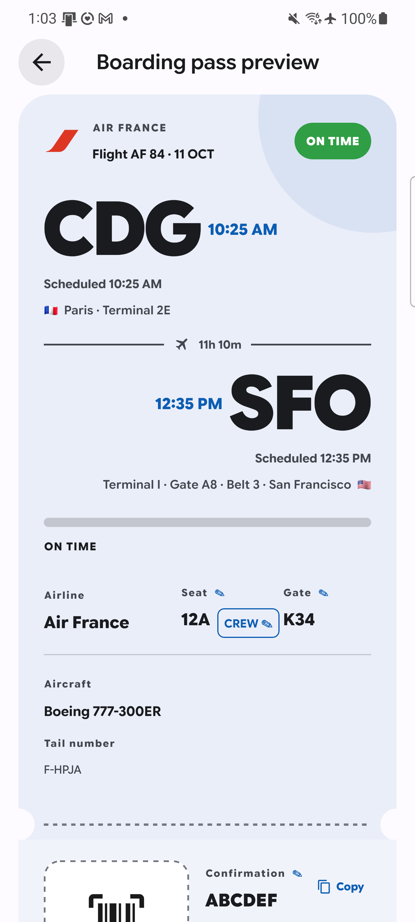 Aviate's boarding-pass preview showing the Crew cabin selection beside the seat number on a sample Air France flight