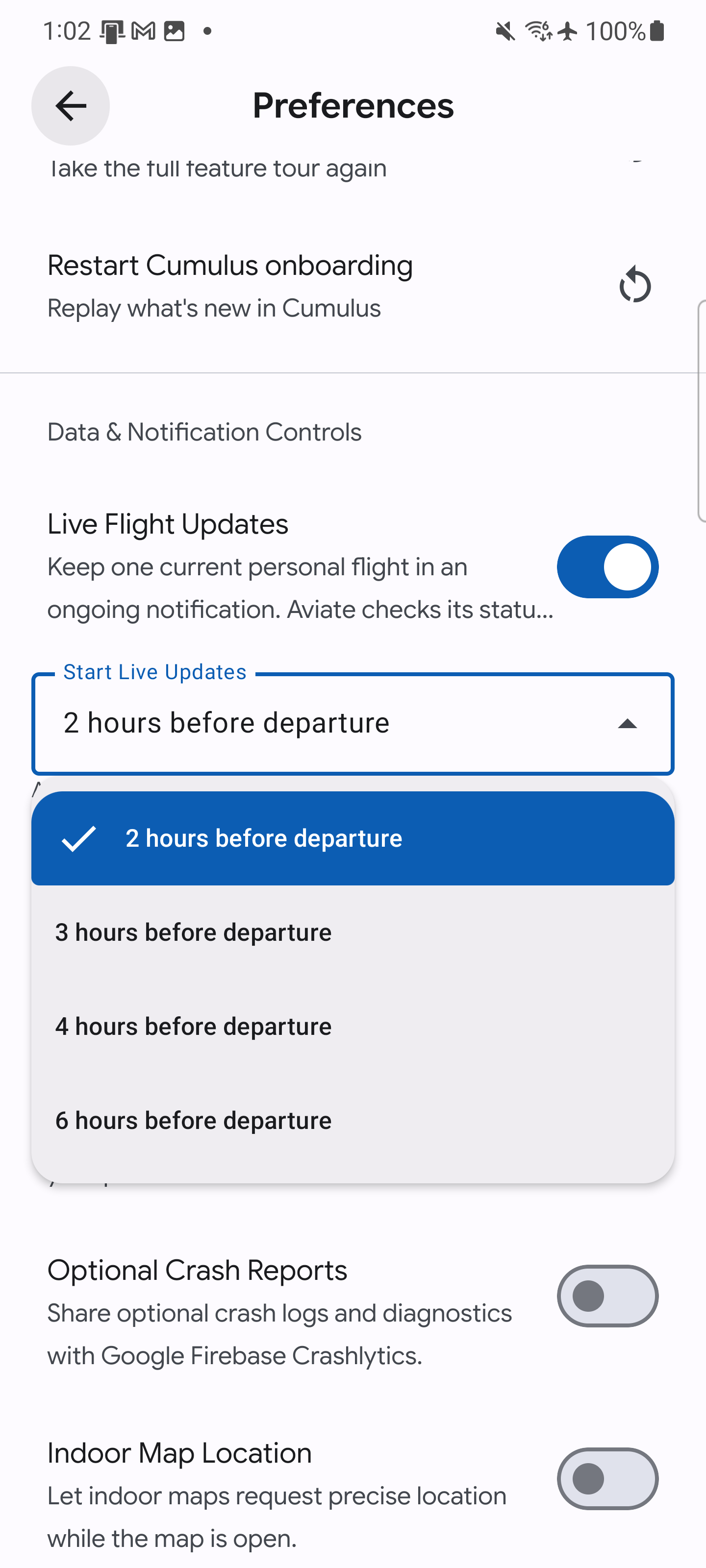 Aviate Preferences showing the Live Updates start-time menu with two, three, four, and six hours before departure